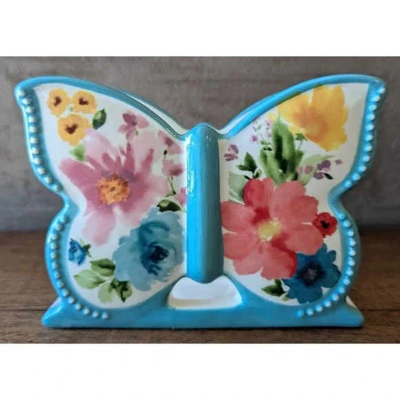 Pioneer Woman Breezy Blossom Butterfly Ceramic Napkin Holder, Teal / Floral - Picture 9 of 9